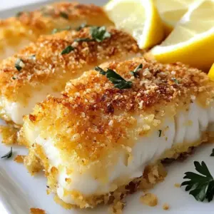 To make this dish, you'll need a few key items: - 4 cod fillets (about 6 oz each) - 1 cup breadcrumbs (Panko for extra crispiness) - 1/2 cup grated Parmesan cheese - 2 large eggs - 1/4 cup all-purpose flour These main ingredients create the base for the cod. The cod fillets provide a mild, flaky fish. Breadcrumbs give you that crunchy outer layer, while Parmesan adds a rich, savory taste. You will also need some seasonings to boost the flavor: - 1 teaspoon garlic powder - 1 teaspoon dried oregano - 1 teaspoon paprika - 1/2 teaspoon salt - 1/4 teaspoon black pepper - 2 tablespoons Dijon mustard - 2 tablespoons olive oil These seasonings enhance the dish. Garlic powder adds depth, oregano gives a hint of earthiness, and paprika adds a subtle warmth. Dijon mustard helps the coating stick. For a fresh touch, you can serve your cod with lemon wedges. The bright citrus flavor cuts through the richness and adds a lovely zing. You might also enjoy a side salad or some steamed veggies to balance out the meal. These extras can make your dish even more enjoyable. {{ingredient_image_1}} First, you need to set the oven. Preheat it to 425&deg;F (220&deg;C). While that heats up, grab a baking sheet and line it with parchment paper. This helps keep the cod from sticking and makes cleanup easy. Next, it's time to create your breading station. Get three shallow dishes ready. In the first dish, add 1/4 cup of all-purpose flour. In the second, whisk together 2 large eggs and 2 tablespoons of Dijon mustard until smooth. In the third dish, mix 1 cup of Panko breadcrumbs, 1/2 cup of grated Parmesan cheese, 1 teaspoon of garlic powder, 1 teaspoon of dried oregano, 1 teaspoon of paprika, 1/2 teaspoon of salt, and 1/4 teaspoon of black pepper. Stir well to blend the flavors. Now, let&rsquo;s coat the cod. Take each of the 4 cod fillets and dredge it in the flour. Make sure it&rsquo;s fully coated, then shake off any extra flour. Next, dip the floured fillet into the egg mixture, ensuring it&rsquo;s evenly coated. Finally, press the cod into the breadcrumb mixture. Make sure each side is well covered. Place the breaded fillets on the baking sheet. Drizzle with 2 tablespoons of olive oil for that extra crispiness. Now, you&rsquo;re ready to bake! To make your cod extra crispy, use Panko breadcrumbs. They create a great crunch. You can also spray the fillets with oil before baking. This helps them brown nicely. Bake at a high heat, like 425&deg;F, for the best results. The hotter oven cooks the fish fast and keeps it moist. First, choose fresh cod fillets. Look for fish that smells clean and ocean-like. Pat the fillets dry before seasoning. This helps the breading stick better. When breading, make sure to coat all sides. Don&rsquo;t rush this step; it&rsquo;s key for a tasty crust. Bake until the crust is golden brown and the fish flakes easily with a fork. You&rsquo;ll need a few basic tools for this recipe. A shallow dish helps with breading. Use three dishes: one for flour, one for eggs, and one for breadcrumbs. A baking sheet lined with parchment paper makes clean-up easy. A whisk is great for mixing the egg and mustard. Lastly, a fish spatula helps flip the cod without breaking it. Pro Tips Use Panko Breadcrumbs: For an extra crispy texture, always use Panko breadcrumbs instead of regular ones. They create a lighter and crunchier crust. Let the Cod Rest: After baking, allow the cod to rest for a few minutes. This helps the juices redistribute, making the fish more tender and flavorful. Experiment with Seasoning: Feel free to add your favorite herbs and spices to the breadcrumb mixture. Fresh parsley, lemon zest, or even a pinch of cayenne can enhance the flavor. Serve with Sauce: Pair your crispy cod with a homemade tartar sauce or a zesty lemon aioli for an extra layer of flavor that complements the dish. {{image_2}} You can swap cod for other fish. Try haddock, tilapia, or salmon. Each brings a unique flavor. You can also use chicken breasts for a different twist. Just adjust the cooking time. Chicken needs a bit longer to cook through. To boost flavor, add fresh herbs. Chopped parsley or dill works well. You can also mix in lemon zest for a bright taste. If you like spice, add cayenne pepper or red pepper flakes to the breadcrumb mix. This adds a nice kick. Baking is easy and healthy, but you can also fry the cod. Heat oil in a pan and fry until golden. For a smoky flavor, try grilling the cod. Just be careful not to overcook it. Each method gives a different taste and texture. To store leftover cod, let it cool first. Place it in an airtight container. Keep it in the fridge. Enjoy it within three days for best taste. You can freeze leftover cod for later. Wrap each fillet in plastic wrap. Then place them in a freezer bag. Remove as much air as possible. It stays good for up to three months. To reheat cod, use an oven or air fryer. Set the oven to 350&deg;F (175&deg;C). Place the cod on a baking sheet and heat for 10-15 minutes. This keeps the crust crispy. You can also use the air fryer. Set it to 350&deg;F (175&deg;C) and heat for about 5-7 minutes. Enjoy your tasty leftovers! Yes, you can use frozen cod fillets. Just make sure to thaw them first. Thawing helps the coating stick better. Place the fillets in the fridge overnight or use cold water to speed up the process. Pat them dry with paper towels before you coat them. This step helps achieve that perfect crispy crust. Crispy Parmesan Crusted Cod is great with many sides. Here are a few ideas: - Steamed broccoli - Roasted asparagus - Garlic mashed potatoes - Simple green salad - Lemon rice These sides bring out the flavors in the cod and make a balanced meal. You can also serve it with a light sauce or dip, like tartar sauce or aioli. To make this recipe gluten-free, swap the flour and breadcrumbs with gluten-free options. Use gluten-free flour and gluten-free breadcrumbs instead of regular ones. Many brands offer gluten-free Panko for extra crunch. Make sure to check labels for any hidden gluten. This way, you can enjoy this tasty dish without worry. You learned how to make Crispy Parmesan Crusted Cod. We covered the main ingredients, tips for extra crispiness, and ways to store leftovers. I shared alternative proteins and cooking methods to keep it fun. Now, you're ready to impress friends and family with this dish. Remember, cooking is all about enjoyment. Use these steps to create a meal that is tasty and easy. Enjoy your cooking adventure!