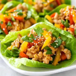 - 1 lb ground chicken - 2 tablespoons Sriracha sauce - 1 tablespoon soy sauce - 1 tablespoon sesame oil - 2 cloves garlic, minced - 1-inch piece ginger, grated - 1 red bell pepper, diced - 1 cup shredded carrots - 3 green onions, chopped - 1 tablespoon hoisin sauce - 1 head butter lettuce or romaine lettuce The main ingredients in Spicy Sriracha Chicken Lettuce Wraps create the perfect balance of flavors. Ground chicken serves as the protein base. Sriracha sauce adds heat and depth. Soy sauce brings a savory touch, while sesame oil enriches the dish with its nutty essence. Garlic and ginger provide a fragrant kick. The veggies&mdash;red bell pepper, carrots, and green onions&mdash;add crunch and color. Finally, the lettuce leaves act as the perfect wrap, holding everything together. - Toasted sesame seeds - Fresh cilantro To garnish your wraps, use toasted sesame seeds and fresh cilantro. The sesame seeds provide an extra crunch, while cilantro adds a fresh and vibrant flavor. These elements elevate the dish, making it visually appealing and delicious. - Alternative proteins: Try ground turkey or tofu for a different twist. - Gluten-free options: Use tamari instead of soy sauce for a gluten-free version. - Low-sodium sauce alternatives: Opt for low-sodium soy sauce to cut back on salt. If you need to adjust the recipe, consider these substitutions. They allow you to personalize the dish while keeping its core flavors intact. {{ingredient_image_1}} - Saut&eacute;ing garlic and ginger Start by heating 1 tablespoon of sesame oil in a large skillet over medium heat. Add 2 cloves of minced garlic and a 1-inch piece of grated ginger. Cook for about 1 minute until you smell the aroma. This step builds a flavorful base. - Cooking ground chicken Next, add 1 pound of ground chicken to the skillet. Use a spatula to break it apart. Cook for 5 to 7 minutes or until the chicken is fully cooked and browned. This gives the wraps a hearty texture and flavor. - Adding vegetables Now, stir in 1 diced red bell pepper and 1 cup of shredded carrots. Cook for another 2 to 3 minutes. This makes the filling colorful and crunchy. - Mixing sauces and cooking In a small bowl, mix 2 tablespoons of Sriracha sauce, 1 tablespoon of soy sauce, and 1 tablespoon of hoisin sauce. Pour this over the chicken and vegetables. Stir well and let it cook for another 2 minutes to blend the flavors. Adjust the heat by adding more Sriracha if needed. - Preparing lettuce wraps Carefully separate the leaves of a head of butter or romaine lettuce. Spoon the spicy chicken mixture into the center of each leaf. This makes for a fun and easy-to-eat wrap. - Garnishing and presenting Finally, sprinkle toasted sesame seeds and fresh cilantro on top of each wrap. This adds a nice touch and enhances the flavor. Enjoy your crunchy spicy Sriracha chicken lettuce wraps! To make your wraps just right, use Sriracha sauce to customize the heat. Start with 2 tablespoons for a nice kick. If you want it hotter, add more! You can also try other spicy sauces. For example, chili paste or spicy barbecue sauce can work well. When cooking, use a large skillet for the best results. Heat the skillet over medium heat before adding oil. This helps the chicken cook evenly. To avoid a soggy wrap, don&rsquo;t overcook the veggies. They should stay crisp and bright. After cooking, store your chicken mix in an airtight container. It lasts up to 3 days in the fridge. If you want to make it ahead, prepare the chicken mix and store it. Assemble the wraps just before serving. This keeps the lettuce fresh and crunchy! Pro Tips Adjust Spice Level: Feel free to modify the amount of Sriracha to suit your spice preference. Start with less and add more as needed to avoid overwhelming heat. Use Fresh Ingredients: For the best flavor and texture, use fresh vegetables and herbs. This will enhance the overall taste of the dish. Experiment with Wraps: While butter or romaine lettuce works great, try using other leafy greens like cabbage for a different crunch and flavor. Make Ahead: You can prepare the chicken mixture in advance and store it in the refrigerator. Just reheat before serving for a quick meal option. {{image_2}} If you want a vegetarian or vegan twist, you can swap ground chicken for plant-based meat. Use ingredients like tofu or tempeh instead. They soak up flavor well. For a low-carb or keto option, stick to the chicken and veggies. Skip the hoisin sauce as it has sugar. You can use a low-carb soy sauce for a sweet hint. Feel free to mix in different vegetables. Try adding water chestnuts for a crunchy bite or zucchini for moisture. You can also use sauces like peanut sauce or chili garlic sauce. These add a new layer of flavor and spice. To give a Thai flair, add basil and lime juice. They brighten the dish. For a Korean spin, mix in kimchi or use gochujang sauce instead of Sriracha. This adds a fermented taste and deep heat. These variations can turn a simple wrap into a global feast. To keep your spicy Sriracha chicken fresh, refrigerate leftovers as soon as you finish eating. Store them in airtight containers. This helps keep the flavors intact. Glass containers work well and are easy to clean. If you want to save the wraps for later, you can freeze them. Place the chicken mix in a freezer-safe bag. Remove as much air as possible before sealing. To reheat, thaw it overnight in the fridge. Warm it in a skillet over medium heat until hot. Leftovers can last for about 3 to 4 days in the fridge. Always check for signs of spoilage. If you see any mold or notice an off smell, it's best to toss them. Keeping track of your leftovers helps you enjoy them safely. You can serve these wraps with rice or quinoa for a filling meal. A fresh salad pairs well, too. Try a side of pickled veggies for a tangy contrast. For sauces, sweet chili sauce or extra Sriracha adds fun flavor. Yes! You can prepare the chicken filling a day in advance. Store it in an airtight container in the fridge. Just keep the lettuce separate to stay crisp. Reheat the chicken mix before serving. To scale the recipe, simply double or triple the ingredients. Keep the cooking time about the same, but check for doneness as you go. More chicken means more flavors, so taste it to adjust spice as needed. In this blog post, we explored spicy Sriracha chicken lettuce wraps. We covered the main ingredients, like ground chicken and vegetables, and how to prepare them. You learned tips for adjusting spice and meal prep. We also discussed variations, storage, and serving suggestions. These wraps are tasty, easy to make, and adaptable to your needs. Try different veggies or proteins to make them your own. Enjoy your time in the kitchen creating these fun, healthy meals!