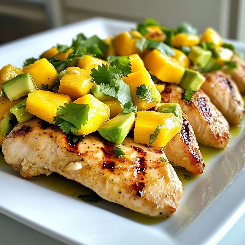 - 4 boneless, skinless chicken breasts - 1 ripe mango, diced - 2 ripe avocados, diced - 1 small red onion, finely chopped - 1 red chili, deseeded and minced (adjust to taste) - 2 tablespoons fresh lime juice The main ingredients are the heart of this dish. The chicken provides a lean protein base. The ripe mango adds sweetness and bright flavor. Avocados bring creaminess and richness, creating a lovely balance. Red onion gives a sharp bite that enhances the salsa. The red chili adds heat, which you can adjust to your liking. Fresh lime juice brightens everything up, making it fresh and zesty. - 1 teaspoon ground cumin - Salt and pepper to taste - 2 tablespoons olive oil - Fresh cilantro, chopped for garnish Seasoning is key to making this dish pop. Ground cumin adds an earthy flavor that pairs well with the chicken. Salt and pepper enhance the overall taste, so don’t skip them. A drizzle of olive oil helps to keep the chicken moist while grilling. Fresh cilantro adds a burst of color and fresh flavor. Use it as a garnish to make the dish visually appealing and even more tasty. {{ingredient_image_1}} To make the salsa, start with fresh ingredients. Dice one ripe mango and two ripe avocados into small pieces. Add one small red onion, finely chopped, and one red chili, minced. If you like it less spicy, remove the seeds from the chili. Next, squeeze two tablespoons of fresh lime juice over the mix. This adds bright flavor and keeps the avocado from browning. Drizzle in two tablespoons of olive oil. Now, gently fold the ingredients together. Be careful not to mash the avocados. Finally, season with salt and pepper to taste. Set this colorful mix aside while you cook the chicken. First, preheat your grill or grill pan over medium-high heat. Pat four boneless, skinless chicken breasts dry with paper towels. Season both sides with one teaspoon of ground cumin, salt, and pepper. This simple seasoning enhances the chicken's flavor. Brush the grill with a bit of olive oil to keep the chicken from sticking. Place the chicken breasts on the grill. Cook for 5 to 7 minutes on each side. You want them to reach an internal temperature of 165°F (75°C) and have nice grill marks. Once cooked, remove the chicken and let it rest for 5 minutes. This resting time keeps the chicken juicy. Take the grilled chicken and top it generously with the mango avocado salsa. The colorful salsa adds brightness and flavor to the plate. For a great presentation, serve the chicken on a wooden cutting board or a bright plate. Add extra salsa on the side and some lime wedges for freshness. Enjoy your meal! To make the best mango avocado salsa, you need ripe fruits. Look for avocados that yield slightly when you press them. For mangoes, choose ones that smell sweet and have a bit of softness. This means they are ready to use. To adjust the spice level, use red chili wisely. If you want more heat, add more minced chili. If you prefer less heat, skip the chili or use just a little. Always taste the salsa before serving. For juicy chicken, pat the breasts dry before grilling. This helps them sear nicely. Season both sides with cumin, salt, and pepper. Grill the chicken for about 5-7 minutes on each side. Use a meat thermometer to check for an internal temperature of 165°F (75°C). Let the chicken rest for 5 minutes after grilling. This makes sure all the juices stay inside. If you skip this step, your chicken may end up dry. Pair your Mango Avocado Salsa Chicken with rice or a fresh salad. You can also serve it with tortilla chips for a fun crunch. For drinks, try a light beer or a refreshing iced tea. To make it a complete meal, add a side of grilled vegetables. This adds color and flavor to your plate. Enjoy your colorful and tasty meal! Pro Tips Choose Ripe Ingredients: Use ripe mangoes and avocados for the best flavor and texture in your salsa. They should be slightly soft to the touch but not overripe. Marinate for Extra Flavor: For enhanced taste, marinate the chicken breasts in lime juice, olive oil, and spices for at least 30 minutes before grilling. Keep It Fresh: Serve the salsa immediately after preparing it to enjoy the vibrant flavors and textures. If you need to make it ahead, add the avocado just before serving. Perfect Grill Marks: To achieve beautiful grill marks, avoid moving the chicken breasts around too much while cooking. Let them sear properly on each side. {{image_2}} You can switch out mango and avocado for other fruits. Try using peaches or pineapple. They add a sweet twist. For avocados, consider using fresh guacamole. It brings creaminess and flavor. You can also change the protein. Instead of chicken, use shrimp or fish. Grilling them gives a nice char and flavor. If you want a vegetarian option, use grilled tofu or tempeh. They soak up the salsa well. Want to add more flavor? Toss in some corn or black beans. They add texture and heartiness. You can also mix in fresh herbs like basil or mint. These herbs brighten up the dish. Consider adding spices too. A dash of smoked paprika can give a nice kick. Or try a sprinkle of chili powder for heat. These additions make the salsa more exciting. To make this dish gluten-free, ensure all your ingredients are safe. Most fresh ingredients are already gluten-free. For low-carb options, skip the corn and beans. Focus on the chicken and salsa. If you're looking for vegan or vegetarian versions, remove the chicken. Use grilled vegetables or a hearty salad as a base. The mango avocado salsa adds all the flavors you need. To keep your Mango Avocado Salsa Chicken fresh, store it in an airtight container. Place the chicken and salsa in separate containers. This helps keep the salsa from making the chicken soggy. For best taste, refrigerate the dish within two hours of cooking. The chicken stays fresh for about 3-4 days in the fridge. The salsa is best eaten within 1-2 days. When you're ready to eat your leftovers, reheat the chicken in the oven or on the stovetop. Preheat your oven to 350°F (175°C). Place the chicken in a baking dish, cover it with foil, and heat for about 15-20 minutes. If using the stovetop, warm the chicken in a skillet over medium heat for about 5-7 minutes. Avoid microwaving, as it can make the chicken dry. For the salsa, it’s best to serve it cold. If you want it warm, heat it gently on low heat in a pan, stirring often. This helps maintain the fresh taste and texture. Enjoy your delicious meal again! Yes, you can use frozen mango or avocado in this recipe. However, the taste and texture will change a bit. Frozen fruit may lose some freshness and become softer after thawing. This can affect how the salsa holds together. When you use fresh fruit, you'll get a bright, firm texture that adds a nice crunch. If you have to use frozen, let it thaw and drain extra water before mixing. Here are some great side dishes to serve with this chicken: - Rice: Try coconut rice or cilantro lime rice for a tasty pairing. - Salad: A simple green salad with a light dressing works well. - Beans: Black beans or refried beans add protein and flavor. - Tortillas: Serve with warm corn or flour tortillas for a fun touch. - Grilled veggies: Bell peppers and zucchini complement the dish nicely. Each of these sides balances the flavors of the chicken and salsa. To add some heat to your Mango Avocado Salsa Chicken, try these tips: - Use more chili: Add an extra red chili to the salsa for a bigger kick. - Chili powder: Mix in a pinch of chili powder or cayenne pepper with the chicken seasoning. - Hot sauce: Drizzle some hot sauce over the finished dish for extra spice. - Fresh jalapeños: Add finely chopped jalapeños for a fresh and fiery taste. Adjust the spice to fit your taste. Enjoy the heat! This article covered making Mango Avocado Salsa Chicken. We explored main ingredients like chicken, mango, and avocado. I shared tips for grilling and perfecting the salsa. We also discussed variations and storage tips. With simple steps, you can enjoy this tasty dish. Feel free to adjust ingredients for your taste. Don’t forget to experiment with sides and flavors. Enjoy your cooking adventure!