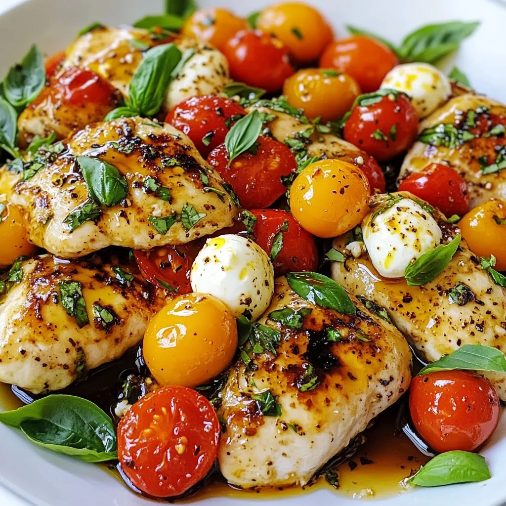 To make Caprese Chicken Skillet, you will need: - 4 boneless, skinless chicken breasts - 2 cups cherry tomatoes, halved - 2 cups fresh mozzarella balls (bocconcini), drained - 1 cup fresh basil leaves, roughly chopped - 3 tablespoons olive oil - 2 cloves garlic, minced - 1 teaspoon balsamic glaze - Salt and pepper to taste You can swap some ingredients if needed. For chicken, use thighs instead of breasts. If you can’t find cherry tomatoes, use diced regular tomatoes. Instead of fresh mozzarella, shredded mozzarella works too. If you want a twist, try using feta cheese. For those who don’t like basil, you can use parsley or spinach. Using fresh ingredients makes a big difference in flavor. Fresh chicken tastes better and is juicier. Ripe cherry tomatoes add sweetness and acidity. Fresh mozzarella melts beautifully, giving a nice texture. Basil adds a bright, aromatic flavor. Always choose quality ingredients when cooking. It shows in every bite! {{ingredient_image_1}} First, take your chicken breasts and season them. Use salt and pepper on both sides. This helps bring out the flavor. Make sure to cover all parts evenly. Next, grab a large skillet and heat it on medium-high. Add two tablespoons of olive oil. Once the oil is hot, place the seasoned chicken in the skillet. Cook for 5 to 6 minutes on each side. You want the chicken to be golden brown and cooked through. When done, remove it from the skillet and set it aside. In the same skillet, add one tablespoon of olive oil and the minced garlic. Sauté the garlic for about 30 seconds. You want to smell that lovely aroma! Then, add the halved cherry tomatoes. Cook them for about 3 to 4 minutes. You will see them blister and soften. This step adds great flavor to the dish. To get a nice sear on your chicken, start with a hot skillet. Heat your olive oil over medium-high heat. The oil should shimmer but not smoke. Season your chicken well with salt and pepper. Place the chicken in the skillet without crowding. This helps it brown nicely. Cook each side for 5-6 minutes. Look for a golden crust before flipping. Don’t rush the process; a good sear adds flavor. To melt the cheese just right, add it at the right time. After you return the chicken to the skillet, add the mozzarella balls. Cover the skillet with a lid immediately. This traps heat and helps the cheese melt evenly. Cook for 3-4 minutes. Check the cheese often to avoid overcooking. You want it soft and gooey, not rubbery. Balsamic glaze brings a sweet tangy kick to the dish. Drizzle it on right before serving. This adds depth to the chicken and tomatoes. If you want more flavor, try reducing balsamic vinegar in a saucepan first. Heat it until it thickens and becomes syrupy. This enhances the glaze’s sweetness and richness. A little goes a long way! Pro Tips Use a Meat Thermometer: To ensure your chicken is perfectly cooked, use a meat thermometer. The internal temperature should reach 165°F (75°C). Choose Fresh Ingredients: Fresh basil and ripe cherry tomatoes will elevate the flavor of this dish. Opt for high-quality, fresh mozzarella for the best melting quality. Let It Rest: After cooking, let the chicken rest for a few minutes before slicing. This helps retain the juices and keeps the chicken tender. Customize with Veggies: Feel free to add other vegetables like spinach or zucchini to the skillet for added nutrition and flavor. {{image_2}} You can add fresh spinach to your Caprese Chicken. This gives it a nice boost of flavor and nutrition. Simply toss in about 2 cups of fresh spinach after you add the tomatoes. Cook until the spinach wilts down. It adds color and makes the dish even healthier. Grilling the chicken gives it a smoky flavor. To try this, season your chicken breasts and grill them over medium heat. Cook each side for about 6-7 minutes until they are fully cooked. Once grilled, follow the same steps to add tomatoes, cheese, and basil. The result is a tasty, outdoor flavor. For a dairy-free option, swap mozzarella for vegan cheese. Look for brands that melt well. For a vegan version, skip the cheese entirely and add more herbs for flavor. You can also drizzle with a bit of extra balsamic glaze to enhance taste. This keeps the meal fresh and plant-based. To keep your Caprese Chicken Skillet fresh, let it cool first. Place the chicken, tomatoes, and cheese in an airtight container. Store it in the fridge for up to three days. This way, you can enjoy it again! When you’re ready to eat, reheat the dish on the stove. Use low heat and add a splash of water. This keeps the chicken moist. Stir gently until warmed through. You can also use the microwave. Heat in short bursts, stirring in between to avoid hot spots. If you want to freeze leftovers, place the cooled dish into a freezer-safe container. Make sure to seal it well. The Caprese Chicken can stay good for about three months in the freezer. To thaw, move it to the fridge overnight before reheating. This method keeps the flavor intact! Caprese Chicken Skillet can last in the fridge for up to three days. Store it in an airtight container to keep it fresh. When you're ready to eat, check for any off smells or changes in texture. Yes, you can use different types of cheese. While fresh mozzarella is classic for its creamy texture, you might try provolone or fontina. These cheeses melt well and add unique flavors. Just remember, each cheese type will change the dish’s taste a bit. I love serving Caprese Chicken Skillet with a side salad or some crusty bread. A simple green salad pairs well and adds a fresh crunch. You can also serve it over pasta or rice for a heartier meal. Enjoy experimenting with different sides! This blog post covered the key elements of making a tasty Caprese Chicken Skillet. You learned about essential ingredients, helpful cooking steps, and tips for great flavor. Fresh ingredients make your dish shine. Explore variations to fit different diets and store any leftovers properly. With these simple steps, you can create a delightful meal. Enjoy your cooking adventure, and remember to share your delicious results!