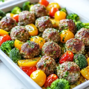 - 1 lb ground beef (or ground turkey) - 1/2 cup breadcrumbs - 1/4 cup grated Parmesan cheese - 2 cloves garlic, minced - 1 tablespoon fresh parsley, chopped - 1 teaspoon dried oregano - 1 teaspoon dried basil - Salt and pepper to taste - 2 cups cherry tomatoes, halved - 2 cups broccoli florets - 1 bell pepper, chopped (any color) - 3 tablespoons olive oil - 1 teaspoon garlic powder - 1 teaspoon onion powder Gather these ingredients before you start. The meatballs need good flavor. Ground beef or turkey works well. Breadcrumbs help bind the meatballs. Parmesan adds a nice salty bite. Minced garlic gives a fragrant kick. For the herbs, fresh parsley brightens the dish. Dried oregano and basil add warmth. Adjust salt and pepper for taste. For veggies, cherry tomatoes burst with sweetness. Broccoli offers crunch and color. A bell pepper adds even more flavor. You&rsquo;ll also need olive oil to coat the veggies. Garlic powder and onion powder boost the seasoning. This mix makes a tasty and colorful meal. Enjoy the process of preparing these simple yet flavorful ingredients! {{ingredient_image_1}} First, preheat your oven to 400&deg;F (200&deg;C). This step warms the oven and helps cook the meatballs evenly. In a large mixing bowl, combine the ground beef, breadcrumbs, grated Parmesan cheese, minced garlic, egg, parsley, oregano, basil, salt, and pepper. Mix these ingredients well with your hands or a spoon. Ensure everything blends for a tasty meatball. Next, shape the mixture into small meatballs. Each should be about 1 inch in diameter. This size helps them cook evenly. Place the meatballs on a large sheet pan lined with parchment paper. The parchment makes cleanup easy and prevents sticking. Now, let&rsquo;s prepare the veggies. In another bowl, toss the cherry tomatoes, broccoli florets, and chopped bell pepper with olive oil, garlic powder, onion powder, salt, and pepper. Mix until the vegetables are well coated. This adds flavor and makes them tasty. Once mixed, spread the seasoned vegetables around the meatballs on the sheet pan. Bake everything in the preheated oven for 20-25 minutes. Keep an eye on the meatballs and veggies during cooking. Check for doneness by cutting a meatball in half; it should be cooked through and not pink. The veggies should be tender. When done, remove the pan from the oven. Let it cool for a few minutes before serving. To make sure your meatballs cook evenly, keep them all the same size. I like to use a small scoop for this. This way, they can bake evenly and stay juicy. A meat thermometer is your best friend here. Aim for 165&deg;F (74&deg;C) in the center to ensure they are safe to eat. For extra flavor, you can add more herbs like thyme or rosemary. A dash of smoked paprika adds a nice kick too. You can also change the seasoning to match your taste. If you love spicy food, try adding crushed red pepper flakes. If you prefer milder flavors, stick with just salt and pepper. For a beautiful presentation, serve the meatballs and veggies on a large platter. Add a sprinkle of fresh parsley on top for color. You can drizzle some balsamic glaze over the dish for a sweet touch. Serve it with warm crusty bread or a fresh salad to round out the meal. Pro Tips Use Fresh Herbs: Fresh herbs can significantly enhance the flavor of your meatballs. If possible, use fresh parsley, oregano, and basil instead of dried for a more vibrant taste. Uniform Meatballs: To ensure even cooking, make sure your meatballs are uniform in size. A cookie scoop can help you achieve consistent portions. Veggie Variations: Feel free to swap out the vegetables based on your preference or what you have on hand. Zucchini, asparagus, or carrots would also work beautifully. Leftover Storage: Store any leftovers in an airtight container in the refrigerator for up to three days. Reheat in the oven or microwave for an easy meal. {{image_2}} You can swap out ground beef for ground turkey or chicken. These options make the dish lighter. They also add a unique flavor. For a vegetarian version, try plant-based meat. Many brands offer great taste and texture. Just make sure to adjust the cooking time. Plant-based meat often cooks quicker than beef. Feel free to change the vegetables based on what's in season. Zucchini, asparagus, or carrots work well. You can also use frozen veggies if fresh ones aren't available. Just remember to adjust the cooking times. For example, softer vegetables like zucchini need less time than broccoli. Keep an eye on them to avoid mushiness. Try different sauces for extra flavor. Marinara sauce adds a classic touch. Chimichurri gives a fresh, zesty kick. You can even drizzle balsamic glaze for sweetness. Pair the meatballs and veggies with rice or pasta for a complete meal. These options make the dish more filling and fun. To keep your meatballs and veggies fresh, store them in the fridge. Use airtight containers. This will help maintain their flavor and texture. Make sure the leftovers cool down before sealing them. You can also use glass or plastic containers for easy stacking. If you want to save some for later, freezing is a great option. Place the cooked meatballs and veggies in freezer-safe bags. Remove as much air as possible. This helps prevent freezer burn. When you want to eat them, thaw the mixture overnight in the fridge. Reheat them in the oven or microwave until hot. In the fridge, your dish will last about three to four days. In the freezer, it can last up to three months. Check for any off smells or changes in color. If you notice any of these signs, it&rsquo;s best to toss them. Enjoy your meal while it's fresh! You bake the meatballs for 20 to 25 minutes at 400&deg;F (200&deg;C). To check if they are done, cut one meatball in half. The center should not be pink. You can also use a meat thermometer. The internal temperature should reach 160&deg;F (70&deg;C) for ground beef or turkey. Yes, you can use ground turkey, chicken, or pork. For a plant-based option, try using lentils or chickpeas. Just mash them and mix in the same way. Adjust cooking time based on the protein you choose. This dish pairs well with rice, pasta, or a fresh salad. You can also serve it with crusty bread to soak up the juices. A drizzle of balsamic glaze adds a sweet touch. Consider a yogurt or herb sauce for extra flavor. To keep meatballs together, use breadcrumbs and an egg as binders. Make sure to mix the ingredients well. Avoid overmixing, as that can make them tough. If the mixture feels too wet, add more breadcrumbs. This blog post covered how to make delicious sheet pan garlic herb meatballs. We explored the key ingredients, preparation steps, and tips for perfecting flavor. I shared ways to customize the recipe with different meats and veggies. Remember, cooking should be fun and easy. Try these variations and serving ideas to make this dish yours. Enjoy cooking, and savor every bite!
