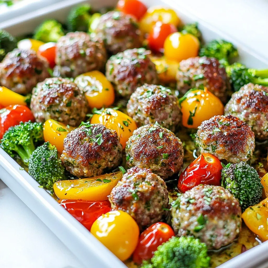 - 1 lb ground beef (or ground turkey) - 1/2 cup breadcrumbs - 1/4 cup grated Parmesan cheese - 2 cloves garlic, minced - 1 tablespoon fresh parsley, chopped - 1 teaspoon dried oregano - 1 teaspoon dried basil - Salt and pepper to taste - 2 cups cherry tomatoes, halved - 2 cups broccoli florets - 1 bell pepper, chopped (any color) - 3 tablespoons olive oil - 1 teaspoon garlic powder - 1 teaspoon onion powder Gather these ingredients before you start. The meatballs need good flavor. Ground beef or turkey works well. Breadcrumbs help bind the meatballs. Parmesan adds a nice salty bite. Minced garlic gives a fragrant kick. For the herbs, fresh parsley brightens the dish. Dried oregano and basil add warmth. Adjust salt and pepper for taste. For veggies, cherry tomatoes burst with sweetness. Broccoli offers crunch and color. A bell pepper adds even more flavor. You’ll also need olive oil to coat the veggies. Garlic powder and onion powder boost the seasoning. This mix makes a tasty and colorful meal. Enjoy the process of preparing these simple yet flavorful ingredients! {{ingredient_image_1}} First, preheat your oven to 400°F (200°C). This step warms the oven and helps cook the meatballs evenly. In a large mixing bowl, combine the ground beef, breadcrumbs, grated Parmesan cheese, minced garlic, egg, parsley, oregano, basil, salt, and pepper. Mix these ingredients well with your hands or a spoon. Ensure everything blends for a tasty meatball. Next, shape the mixture into small meatballs. Each should be about 1 inch in diameter. This size helps them cook evenly. Place the meatballs on a large sheet pan lined with parchment paper. The parchment makes cleanup easy and prevents sticking. Now, let’s prepare the veggies. In another bowl, toss the cherry tomatoes, broccoli florets, and chopped bell pepper with olive oil, garlic powder, onion powder, salt, and pepper. Mix until the vegetables are well coated. This adds flavor and makes them tasty. Once mixed, spread the seasoned vegetables around the meatballs on the sheet pan. Bake everything in the preheated oven for 20-25 minutes. Keep an eye on the meatballs and veggies during cooking. Check for doneness by cutting a meatball in half; it should be cooked through and not pink. The veggies should be tender. When done, remove the pan from the oven. Let it cool for a few minutes before serving. To make sure your meatballs cook evenly, keep them all the same size. I like to use a small scoop for this. This way, they can bake evenly and stay juicy. A meat thermometer is your best friend here. Aim for 165°F (74°C) in the center to ensure they are safe to eat. For extra flavor, you can add more herbs like thyme or rosemary. A dash of smoked paprika adds a nice kick too. You can also change the seasoning to match your taste. If you love spicy food, try adding crushed red pepper flakes. If you prefer milder flavors, stick with just salt and pepper. For a beautiful presentation, serve the meatballs and veggies on a large platter. Add a sprinkle of fresh parsley on top for color. You can drizzle some balsamic glaze over the dish for a sweet touch. Serve it with warm crusty bread or a fresh salad to round out the meal. Pro Tips Use Fresh Herbs: Fresh herbs can significantly enhance the flavor of your meatballs. If possible, use fresh parsley, oregano, and basil instead of dried for a more vibrant taste. Uniform Meatballs: To ensure even cooking, make sure your meatballs are uniform in size. A cookie scoop can help you achieve consistent portions. Veggie Variations: Feel free to swap out the vegetables based on your preference or what you have on hand. Zucchini, asparagus, or carrots would also work beautifully. Leftover Storage: Store any leftovers in an airtight container in the refrigerator for up to three days. Reheat in the oven or microwave for an easy meal. {{image_2}} You can swap out ground beef for ground turkey or chicken. These options make the dish lighter. They also add a unique flavor. For a vegetarian version, try plant-based meat. Many brands offer great taste and texture. Just make sure to adjust the cooking time. Plant-based meat often cooks quicker than beef. Feel free to change the vegetables based on what's in season. Zucchini, asparagus, or carrots work well. You can also use frozen veggies if fresh ones aren't available. Just remember to adjust the cooking times. For example, softer vegetables like zucchini need less time than broccoli. Keep an eye on them to avoid mushiness. Try different sauces for extra flavor. Marinara sauce adds a classic touch. Chimichurri gives a fresh, zesty kick. You can even drizzle balsamic glaze for sweetness. Pair the meatballs and veggies with rice or pasta for a complete meal. These options make the dish more filling and fun. To keep your meatballs and veggies fresh, store them in the fridge. Use airtight containers. This will help maintain their flavor and texture. Make sure the leftovers cool down before sealing them. You can also use glass or plastic containers for easy stacking. If you want to save some for later, freezing is a great option. Place the cooked meatballs and veggies in freezer-safe bags. Remove as much air as possible. This helps prevent freezer burn. When you want to eat them, thaw the mixture overnight in the fridge. Reheat them in the oven or microwave until hot. In the fridge, your dish will last about three to four days. In the freezer, it can last up to three months. Check for any off smells or changes in color. If you notice any of these signs, it’s best to toss them. Enjoy your meal while it's fresh! You bake the meatballs for 20 to 25 minutes at 400°F (200°C). To check if they are done, cut one meatball in half. The center should not be pink. You can also use a meat thermometer. The internal temperature should reach 160°F (70°C) for ground beef or turkey. Yes, you can use ground turkey, chicken, or pork. For a plant-based option, try using lentils or chickpeas. Just mash them and mix in the same way. Adjust cooking time based on the protein you choose. This dish pairs well with rice, pasta, or a fresh salad. You can also serve it with crusty bread to soak up the juices. A drizzle of balsamic glaze adds a sweet touch. Consider a yogurt or herb sauce for extra flavor. To keep meatballs together, use breadcrumbs and an egg as binders. Make sure to mix the ingredients well. Avoid overmixing, as that can make them tough. If the mixture feels too wet, add more breadcrumbs. This blog post covered how to make delicious sheet pan garlic herb meatballs. We explored the key ingredients, preparation steps, and tips for perfecting flavor. I shared ways to customize the recipe with different meats and veggies. Remember, cooking should be fun and easy. Try these variations and serving ideas to make this dish yours. Enjoy cooking, and savor every bite!