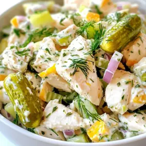- 2 cups cooked chicken, shredded or diced - 1 cup dill pickles, chopped - 1/2 cup Greek yogurt (or mayonnaise) These main ingredients form the heart of the Dill Pickle Chicken Salad. The cooked chicken gives it substance, while the dill pickles add a crunchy and tangy twist. Greek yogurt is a healthier choice, but mayonnaise works too for that creamy texture. - 1/4 cup red onion, finely chopped - 1/4 cup celery, finely diced - 2 tablespoons fresh dill, chopped Red onion adds a sharp bite, while celery provides a nice crunch. Fresh dill brings that iconic dill flavor, enhancing the salad's taste. These ingredients bring freshness and depth to your dish. - 1 tablespoon Dijon mustard - 1 tablespoon lemon juice - Salt and pepper to taste These optional ingredients can kick your salad up a notch. Dijon mustard adds a punchy flavor, and lemon juice gives it a refreshing zest. Salt and pepper help you adjust the taste to your liking. Adding these can make your salad even tastier! {{ingredient_image_1}} To start, grab a large mixing bowl. Add 2 cups of cooked chicken that you can shred or dice. Then, chop 1 cup of dill pickles and add them to the bowl. Next, finely chop 1/4 cup of red onion and 1/4 cup of celery. Toss these in with the chicken and pickles. Stir gently to combine everything well. Now, let&rsquo;s make the dressing! In a smaller bowl, whisk together 1/2 cup of Greek yogurt and 1 tablespoon of Dijon mustard. If you like a tangy taste, add 1 tablespoon of lemon juice. Finally, mix in 2 tablespoons of freshly chopped dill. Once your dressing is ready, pour it over the chicken and vegetable mix. Gently fold everything together. You want to coat all the ingredients nicely without breaking them apart. Now, season with salt and pepper to taste. Adjust it to suit your flavor preference. For the best flavor, chill the salad in the refrigerator for at least 30 minutes. This time lets the flavors blend together. When you&rsquo;re ready to serve, you have options! You can serve it on a bed of leafy greens, inside a sandwich, or wrapped in a tortilla. Enjoy your fresh and tasty Dill Pickle Chicken Salad! You can switch Greek yogurt with sour cream for a different taste. If you want a lighter option, use low-fat yogurt. Mayonnaise is also a good choice if you prefer a creamier salad. For pickles, try bread and butter pickles for a sweet twist. You can also use sweet relish if you like a bit of sweetness. Adding more spices can boost the taste of your salad. Try a pinch of garlic powder or paprika for extra zing. Fresh herbs like parsley or chives can also add depth. To keep the salad creamy, make sure your yogurt is full-fat. Mixing in a bit of olive oil can also help. If you want some tang, a splash of lemon juice does wonders. For plating, serve the salad on crisp lettuce leaves. This adds color and makes it look appealing. You can also use a bowl or a nice dish to show off the salad. Garnish with extra dill or some sliced pickles on top. This adds a pop of color and makes it more inviting. For a fun twist, serve the salad in a hollowed-out tomato or cucumber. Pro Tips Use Rotisserie Chicken: For a quick and flavorful option, consider using store-bought rotisserie chicken. It saves time and adds a delicious depth of flavor to your salad. Add Crunch: If you enjoy a bit of crunch in your salad, consider adding chopped walnuts or pecans. They will provide a wonderful texture contrast. Experiment with Herbs: Fresh herbs can elevate your chicken salad. Try adding parsley or chives along with the dill for a more complex flavor profile. Perfect Pairing: This chicken salad pairs beautifully with whole grain bread or wraps. Consider adding slices of avocado for extra creaminess and nutrition. {{image_2}} You can play with flavors in your Dill Pickle Chicken Salad. - Spicy Dill Pickle Chicken Salad: Want some heat? Add diced jalape&ntilde;os or a dash of hot sauce. This gives a nice kick and adds depth to the salad. You can also mix in some cayenne pepper for extra spice. - Sweet Dill Pickle Chicken Salad: If you like sweet flavors, try adding a bit of honey or sweet pickle relish. This sweet twist balances the tangy pickles and makes for a delightful contrast. There are many ways to adjust this salad for different diets. - Low-carb options: For a low-carb version, use a mix of shredded lettuce instead of yogurt. You can also swap the chicken for chopped hard-boiled eggs. This keeps the salad filling but cuts down on carbs. - Vegan substitutions: If you prefer a vegan salad, replace the chicken with chickpeas or tofu. Use vegan mayo in place of Greek yogurt. This keeps the creaminess of the salad while making it plant-based. Adding regional touches can make your salad even more special. - Southern-style variations: In the South, adding chopped boiled eggs is popular. This makes the salad richer and adds protein. You can also use sweet tea as a drink pairing. - Mediterranean twists: To give a Mediterranean flair, mix in some chopped olives or sun-dried tomatoes. You can also sprinkle in feta cheese for a salty punch. This adds a unique flavor profile that brightens the whole dish. To keep your Dill Pickle Chicken Salad fresh, store it in the fridge. Place it in an airtight container. This helps keep the flavors locked in and prevents the salad from drying out. Make sure the container is clean and dry before adding the salad. You should eat the salad within three to five days. After that, the taste may change. Always check for signs of spoilage. If the salad smells off or has an unusual color, toss it out. Freshness is key to enjoying this tasty dish! While it's best to eat it fresh, you can freeze the chicken salad. Use a freezer-safe container to prevent freezer burn. When ready to eat, move it to the fridge overnight to thaw. Avoid using a microwave to thaw, as it can change the texture. Can I use rotisserie chicken? Yes, you can use rotisserie chicken. It saves time and adds flavor. Just shred or dice it before mixing. How long will the chicken salad last? This chicken salad will last about three to four days in the fridge. Keep it in an airtight container. Can I make this salad ahead of time? You can make this salad ahead of time. It tastes even better after chilling for a few hours. What's the best way to chop dill pickles? To chop dill pickles, start by slicing them lengthwise. Then, cut them into small pieces. This gives a nice crunch. What pairs well with Dill Pickle Chicken Salad? This salad pairs well with crispy lettuce, whole grain bread, or tortilla wraps. You can also serve it with crackers. Is this salad suitable for meal prep? Yes, this salad is great for meal prep. Just store it in individual containers for easy lunches. This blog post covered how to make a tasty dill pickle chicken salad. We discussed key ingredients, like chicken and dill pickles, plus other flavors to try. I shared tips for prep and storage, with options to customize to your taste. You can enjoy this salad in many ways, from a wrap to a bed of greens. With a little creativity, you can make it your own. Enjoy making and sharing this simple, fun dish!