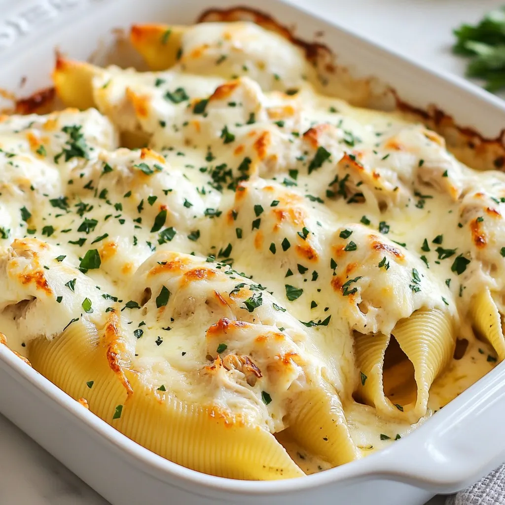 To make Chicken Alfredo Stuffed Shells, gather these items: - 12 large pasta shells - 2 cups cooked chicken, shredded - 1 cup ricotta cheese - 1 cup mozzarella cheese, shredded (plus extra for topping) - 1/2 cup grated Parmesan cheese - 2 cups Alfredo sauce (store-bought or homemade) - 1 teaspoon garlic powder - 1 teaspoon Italian seasoning - Fresh parsley, chopped (for garnish) - Salt and pepper to taste You can swap ingredients if needed. Here are some ideas: - Use rotisserie chicken instead of cooking your own. - Substitute cottage cheese for ricotta for a lower-fat option. - Use any cheese you like, such as cheddar or provolone. - For a lighter sauce, try a yogurt-based Alfredo. - If you need gluten-free, try gluten-free pasta shells. Each serving provides a hearty meal. Here’s the breakdown: - Calories: 550 - Protein: 34g - Carbohydrates: 46g - Fat: 25g - Fiber: 2g - Sodium: 800mg This dish is rich and filling, perfect for family dinners. Enjoy the blend of flavors and textures in every bite! {{ingredient_image_1}} Start by cooking the pasta shells. Boil water in a large pot. Add the shells and cook until al dente, about 8-10 minutes. Drain the shells and let them cool slightly. This makes them easier to handle. You want them firm enough to hold the filling but soft enough to chew. In a large mixing bowl, combine the shredded chicken and cheeses. You will need ricotta, mozzarella, and Parmesan. Add garlic powder and Italian seasoning for flavor. Season with salt and pepper. Mix all ingredients until well combined. This filling gives your shells a creamy, savory taste. It’s the heart of the dish. Preheat your oven to 350°F (175°C). Spread 1 cup of Alfredo sauce on the bottom of a baking dish. Take each shell and fill it with your chicken mixture. Place the filled shells in the dish, seam side up. Pour the rest of the Alfredo sauce over the shells. Sprinkle extra mozzarella cheese on top for a nice crust. Cover the dish with foil and bake for 25 minutes. Remove the foil and bake for an additional 10 minutes. This allows the cheese to melt and bubble. Let it cool for a few minutes before serving. Garnish with chopped parsley for color. Enjoy your savory chicken Alfredo stuffed shells! To make a great Alfredo sauce, start with quality ingredients. Use heavy cream for richness. If you want a lighter sauce, try half-and-half. Heat the cream over medium heat. Stir in garlic and butter until melted. Then, slowly add Parmesan cheese. Stir until smooth. Taste and add salt and pepper as needed. The sauce should be creamy and not too thick. Avoid using low-fat products. They can make the sauce watery. Don’t rush the cooking of the sauce. Allow it to simmer gently. This helps the flavors meld well. Be careful not to add too much salt. The cheese is salty enough. If your sauce curdles, it means it got too hot. Lower the heat and whisk it back together. You will need a few simple tools: - A large pot for boiling pasta - A mixing bowl for the filling - A baking dish for the stuffed shells - A whisk for the sauce - A spoon for mixing and filling - Aluminum foil for baking These tools make the process easier and more fun. Having everything ready helps you cook without stress. Pro Tips Choose the Right Pasta Shells: Opt for large pasta shells that can hold a generous amount of filling. Jumbo shells are ideal for this recipe to ensure maximum flavor in every bite. Make It Ahead: Prepare the stuffed shells in advance and store them in the refrigerator. They can be assembled a day ahead and baked when you're ready to serve, making for an easy weeknight meal. Customize Your Filling: Feel free to add vegetables such as spinach or mushrooms to the filling for added nutrition and flavor. You can also experiment with different cheeses for a unique twist. Perfect Your Sauce: If you’re using store-bought Alfredo sauce, consider enhancing it with a pinch of nutmeg or a splash of white wine for a richer flavor profile. {{image_2}} You can easily make these stuffed shells vegetarian. Start by swapping the chicken for spinach or mushrooms. For a hearty mix, use a mix of both. You can also add diced bell peppers or zucchini for extra veggies. Ricotta and mozzarella remain great choices for filling. These swaps keep the dish creamy and flavorful. If you like heat, add some spice to the filling. Try stirring in diced jalapeños or crushed red pepper flakes. These ingredients give the dish a nice kick. For a smoky flavor, add some chipotle peppers in adobo sauce. These changes can transform your stuffed shells into a zesty delight. While Alfredo sauce is classic, you can experiment with others. Try a marinara sauce for a fresh twist. A pesto sauce can also add a vibrant flavor. You can mix sauces too. A blend of Alfredo and marinara brings creaminess and tang. These options let you customize the dish to your taste. You can store leftover stuffed shells in the fridge. Place them in an airtight container. They will stay fresh for about 3 to 4 days. Make sure to cover them well to keep the moisture in. If you can, separate layers with parchment paper to avoid sticking. You can freeze stuffed shells for longer storage. First, let them cool completely. Then, place them in a freezer-safe container. You can also wrap them tightly in plastic wrap, then foil. They will last up to 3 months in the freezer. Label the container with the date so you remember when you made them. To reheat, you can use the oven or the microwave. If using the oven, preheat it to 350°F (175°C). Place the shells in a baking dish with some sauce on top. Cover it with foil to keep the heat in. Bake for about 20 minutes or until hot. If using the microwave, heat them on medium for 3 to 5 minutes. Stir halfway to ensure even heating. Enjoy your delicious stuffed shells! Yes, you can use store-bought Alfredo sauce. It saves time and is easy. Just choose a brand you like. Look for one that has a creamy texture and good flavor. If you want, you can add some garlic powder or Italian seasoning to enhance the taste. To make this recipe gluten-free, use gluten-free pasta shells. Many brands offer tasty options. Be sure to check the labels for gluten-free certification. Also, check your Alfredo sauce. Some sauces are not gluten-free, so read the ingredients carefully. You can serve many things with Chicken Alfredo Stuffed Shells. A simple green salad pairs well. You can add garlic bread for a nice crunch. Roasted vegetables also make a great side dish. Choose whatever you enjoy the most! In this post, we covered how to make delicious Chicken Alfredo Stuffed Shells. We listed key ingredients and substitutions, shared step-by-step instructions, and offered tips to improve your dish. You learned variations for different tastes and how to store leftovers. Now you are ready to create a tasty meal. With these methods, you can impress friends and family. Enjoy your cooking and savor every bite of your stuffed shells!