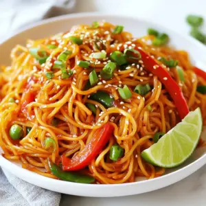 To make Spicy Gochujang Noodles, you will need: - 8 oz. rice noodles - 2 tablespoons gochujang (Korean chili paste) - 1 tablespoon soy sauce - 1 tablespoon sesame oil - 1 tablespoon honey or maple syrup - 1 clove garlic, minced - 1 inch ginger, grated - 1 cup bell peppers (red and yellow), thinly sliced - 1 cup snap peas - 2 green onions, chopped - 1 tablespoon sesame seeds - Cilantro for garnish (optional) You can add more flavor with: - Chopped cilantro - Lime wedges - Extra sesame seeds These garnishes make the dish look pretty and taste even better. You can switch some items if needed: - Use rice vermicelli or soba noodles instead of rice noodles. - Swap gochujang with sriracha for a different spice. - Maple syrup can be replaced with agave syrup or sugar. - Any crunchy vegetable works; try carrots or broccoli instead of snap peas. These swaps keep the dish tasty and fun! {{ingredient_image_1}} To start, bring a pot of water to a boil. Add the 8 oz. of rice noodles. Cook them according to the package instructions until they are just right, or al dente. This usually takes about 4-6 minutes. When done, drain the noodles and rinse them under cold water. This stops the cooking and keeps them firm. Set the noodles aside for later. Now, grab a small bowl. In this bowl, mix together the gochujang, soy sauce, sesame oil, honey or maple syrup, minced garlic, and grated ginger. Use a whisk to blend everything until it is smooth. This sauce adds that spicy kick and sweet touch to your noodles. Next, heat a drizzle of sesame oil in a large skillet or wok over medium-high heat. Once hot, add the thinly sliced bell peppers and snap peas. Cook these for about 3-4 minutes. You want them tender but still crisp. This step adds color and crunch to your dish. Now it's time to bring everything together. Add the cooked rice noodles to the skillet with the sautéed veggies. Pour the gochujang sauce over the top. Toss everything together for about 2 minutes. You want every noodle to be coated in that spicy sauce. Once heated through, remove from heat. Serve the dish hot, garnished with chopped green onions and sesame seeds. If you like, add fresh cilantro for an extra burst of flavor. Enjoy your spicy gochujang noodles! To get the best texture for your noodles, follow these steps. First, cook the rice noodles in boiling water. Keep an eye on the time and cook them until they are al dente. This means they should be firm to the bite. After cooking, drain them and rinse under cold water. This stops the cooking process and keeps them from getting too soft. You want your noodles to have a nice chew that holds the sauce well. Gochujang is the star here, but you can add more depth. Mix in some sesame oil, soy sauce, and honey for a sweet and savory taste. You can also include garlic and ginger for a fresh kick. When you sauté the bell peppers and snap peas, let them stay crisp. This adds texture and bright flavor to the dish. Consider adding a splash of lime juice before serving for a bright finish. Meal prep can make this dish quick and easy. Chop your vegetables ahead of time and store them in the fridge. You can also make the sauce in advance. Just mix the gochujang, soy sauce, sesame oil, honey, garlic, and ginger in a bowl and keep it in the fridge. When you’re ready to eat, all you need to do is cook the noodles and sauté the veggies. This makes a tasty meal in about 10 minutes! Pro Tips Adjust the Spice Level: If you prefer a milder dish, reduce the amount of gochujang or add more honey to balance the heat. Use Fresh Ingredients: Fresh vegetables not only enhance flavor but also add a vibrant color to your dish. Opt for seasonal veggies when possible. Customize Your Noodles: Feel free to substitute rice noodles with other types such as udon or soba for a different texture and taste. Meal Prep Friendly: This dish can be made in advance and stored in the fridge. Just reheat and add fresh toppings before serving. {{image_2}} You can easily make this dish vegetarian or vegan. Swap the honey for maple syrup. Use only veggies for protein. Tofu makes a great choice. It soaks up flavors well. You can fry or bake it for a nice texture. Add mushrooms for a meaty feel. They also add umami flavor. If you want protein, add chicken, shrimp, or tofu. For chicken, cut it into small pieces. Cook it until it’s golden brown. For shrimp, toss them in for a few minutes. They cook fast and add great flavor. Tofu is a good option too. Just press it to remove water and cut it into cubes. Add it when you sauté the veggies. Feel free to mix up the veggies. Carrots, broccoli, or zucchini work well. You can also try bok choy or bean sprouts. Use what you have at home. This dish is very flexible. The key is to keep the veggies crisp. This adds texture and bright colors. More colors make the dish more fun to eat! To store your spicy gochujang noodles, let them cool first. Place them in an airtight container. Keep the noodles in the fridge for up to three days. Remember to keep the sauce separate if possible. This helps maintain the noodles' texture. When you’re ready to enjoy leftovers, reheat them gently. You can use a microwave or a skillet. If using a microwave, cover the bowl to trap steam. Heat in short bursts, stirring in between. For a skillet, add a splash of water or broth. This keeps the noodles moist and tasty. Freezing spicy gochujang noodles is simple, but it changes the texture. If you want to freeze them, do so right after cooking. Place them in a freezer-safe container. They can last up to three months. To thaw, leave them in the fridge overnight or use the microwave. Gochujang is a thick, red paste from Korea. It combines fermented soybeans, red chili pepper, and salt. The paste has a sweet and spicy taste. It adds depth to dishes like Spicy Gochujang Noodles. You can find it in most grocery stores or online. Yes, you can! Use gluten-free rice noodles and gluten-free soy sauce. Many brands offer great options. Always check the labels to ensure they are safe for you. You can control the spice by changing the amount of gochujang. For a milder flavor, use less gochujang. You can also add sugar or honey to balance heat. If you want it spicier, add more gochujang or some chili flakes. Leftovers can last up to three days in the fridge. Store them in an airtight container. When you want to eat them, just reheat in a pan or microwave. Enjoy your tasty meal again! This post covered the key elements of making spicy gochujang noodles. You learned about the main ingredients, optional garnishes, and useful substitutions. We explored step-by-step instructions, tips for perfect noodles, and variations for different tastes. Storing leftovers and reheating tips ensure you waste less food. To wrap up, I encourage you to try this dish and make it your own. Cooking can be fun and rewarding. Enjoy every bite!