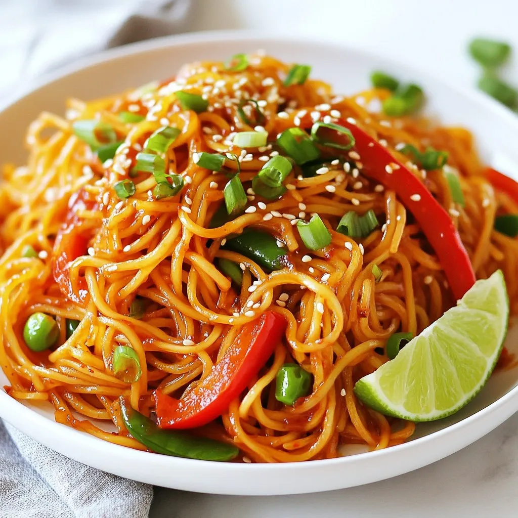 To make Spicy Gochujang Noodles, you will need: - 8 oz. rice noodles - 2 tablespoons gochujang (Korean chili paste) - 1 tablespoon soy sauce - 1 tablespoon sesame oil - 1 tablespoon honey or maple syrup - 1 clove garlic, minced - 1 inch ginger, grated - 1 cup bell peppers (red and yellow), thinly sliced - 1 cup snap peas - 2 green onions, chopped - 1 tablespoon sesame seeds - Cilantro for garnish (optional) You can add more flavor with: - Chopped cilantro - Lime wedges - Extra sesame seeds These garnishes make the dish look pretty and taste even better. You can switch some items if needed: - Use rice vermicelli or soba noodles instead of rice noodles. - Swap gochujang with sriracha for a different spice. - Maple syrup can be replaced with agave syrup or sugar. - Any crunchy vegetable works; try carrots or broccoli instead of snap peas. These swaps keep the dish tasty and fun! {{ingredient_image_1}} To start, bring a pot of water to a boil. Add the 8 oz. of rice noodles. Cook them according to the package instructions until they are just right, or al dente. This usually takes about 4-6 minutes. When done, drain the noodles and rinse them under cold water. This stops the cooking and keeps them firm. Set the noodles aside for later. Now, grab a small bowl. In this bowl, mix together the gochujang, soy sauce, sesame oil, honey or maple syrup, minced garlic, and grated ginger. Use a whisk to blend everything until it is smooth. This sauce adds that spicy kick and sweet touch to your noodles. Next, heat a drizzle of sesame oil in a large skillet or wok over medium-high heat. Once hot, add the thinly sliced bell peppers and snap peas. Cook these for about 3-4 minutes. You want them tender but still crisp. This step adds color and crunch to your dish. Now it's time to bring everything together. Add the cooked rice noodles to the skillet with the sautéed veggies. Pour the gochujang sauce over the top. Toss everything together for about 2 minutes. You want every noodle to be coated in that spicy sauce. Once heated through, remove from heat. Serve the dish hot, garnished with chopped green onions and sesame seeds. If you like, add fresh cilantro for an extra burst of flavor. Enjoy your spicy gochujang noodles! To get the best texture for your noodles, follow these steps. First, cook the rice noodles in boiling water. Keep an eye on the time and cook them until they are al dente. This means they should be firm to the bite. After cooking, drain them and rinse under cold water. This stops the cooking process and keeps them from getting too soft. You want your noodles to have a nice chew that holds the sauce well. Gochujang is the star here, but you can add more depth. Mix in some sesame oil, soy sauce, and honey for a sweet and savory taste. You can also include garlic and ginger for a fresh kick. When you sauté the bell peppers and snap peas, let them stay crisp. This adds texture and bright flavor to the dish. Consider adding a splash of lime juice before serving for a bright finish. Meal prep can make this dish quick and easy. Chop your vegetables ahead of time and store them in the fridge. You can also make the sauce in advance. Just mix the gochujang, soy sauce, sesame oil, honey, garlic, and ginger in a bowl and keep it in the fridge. When you’re ready to eat, all you need to do is cook the noodles and sauté the veggies. This makes a tasty meal in about 10 minutes! Pro Tips Adjust the Spice Level: If you prefer a milder dish, reduce the amount of gochujang or add more honey to balance the heat. Use Fresh Ingredients: Fresh vegetables not only enhance flavor but also add a vibrant color to your dish. Opt for seasonal veggies when possible. Customize Your Noodles: Feel free to substitute rice noodles with other types such as udon or soba for a different texture and taste. Meal Prep Friendly: This dish can be made in advance and stored in the fridge. Just reheat and add fresh toppings before serving. {{image_2}} You can easily make this dish vegetarian or vegan. Swap the honey for maple syrup. Use only veggies for protein. Tofu makes a great choice. It soaks up flavors well. You can fry or bake it for a nice texture. Add mushrooms for a meaty feel. They also add umami flavor. If you want protein, add chicken, shrimp, or tofu. For chicken, cut it into small pieces. Cook it until it’s golden brown. For shrimp, toss them in for a few minutes. They cook fast and add great flavor. Tofu is a good option too. Just press it to remove water and cut it into cubes. Add it when you sauté the veggies. Feel free to mix up the veggies. Carrots, broccoli, or zucchini work well. You can also try bok choy or bean sprouts. Use what you have at home. This dish is very flexible. The key is to keep the veggies crisp. This adds texture and bright colors. More colors make the dish more fun to eat! To store your spicy gochujang noodles, let them cool first. Place them in an airtight container. Keep the noodles in the fridge for up to three days. Remember to keep the sauce separate if possible. This helps maintain the noodles' texture. When you’re ready to enjoy leftovers, reheat them gently. You can use a microwave or a skillet. If using a microwave, cover the bowl to trap steam. Heat in short bursts, stirring in between. For a skillet, add a splash of water or broth. This keeps the noodles moist and tasty. Freezing spicy gochujang noodles is simple, but it changes the texture. If you want to freeze them, do so right after cooking. Place them in a freezer-safe container. They can last up to three months. To thaw, leave them in the fridge overnight or use the microwave. Gochujang is a thick, red paste from Korea. It combines fermented soybeans, red chili pepper, and salt. The paste has a sweet and spicy taste. It adds depth to dishes like Spicy Gochujang Noodles. You can find it in most grocery stores or online. Yes, you can! Use gluten-free rice noodles and gluten-free soy sauce. Many brands offer great options. Always check the labels to ensure they are safe for you. You can control the spice by changing the amount of gochujang. For a milder flavor, use less gochujang. You can also add sugar or honey to balance heat. If you want it spicier, add more gochujang or some chili flakes. Leftovers can last up to three days in the fridge. Store them in an airtight container. When you want to eat them, just reheat in a pan or microwave. Enjoy your tasty meal again! This post covered the key elements of making spicy gochujang noodles. You learned about the main ingredients, optional garnishes, and useful substitutions. We explored step-by-step instructions, tips for perfect noodles, and variations for different tastes. Storing leftovers and reheating tips ensure you waste less food. To wrap up, I encourage you to try this dish and make it your own. Cooking can be fun and rewarding. Enjoy every bite!